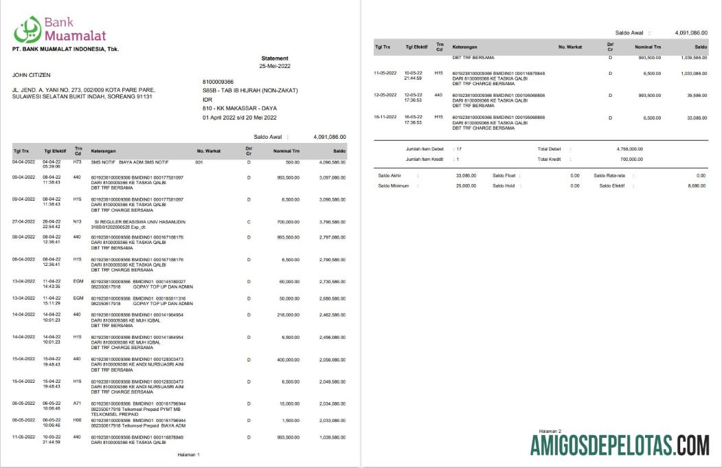 Modelo de extrato bancário de 2 páginas da Indonésia Muamalat